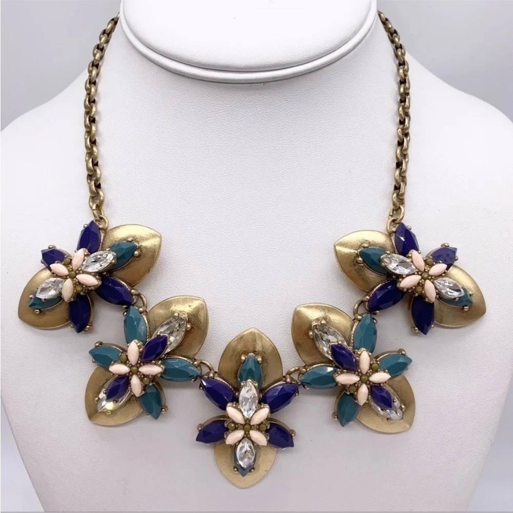 J. Crew Blue Peach Flower Pendant 
Crystal Rhinestone Gold Statement Necklace